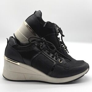 ALDO‎ Black Platform Wedge Sneakers Women's 7.5 Gold Accent Athleisure Shoes